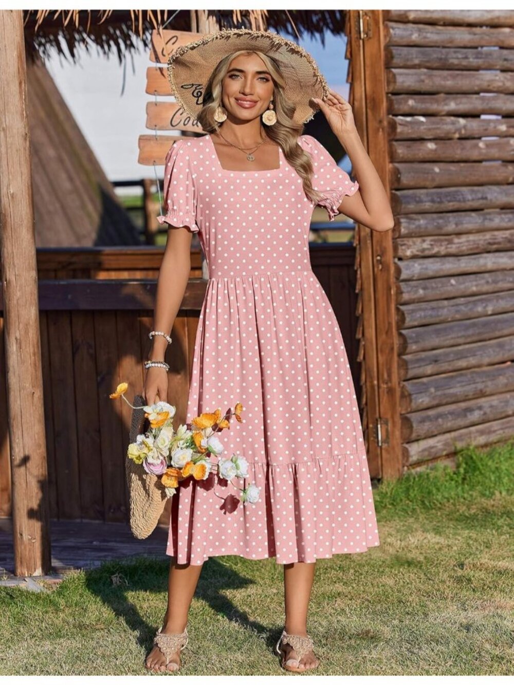 Zeagoo Women's Pink Dot Floral Flowy Casual Short Sleeve Tiered Midi Maxi Dress - Picture 3 of 6